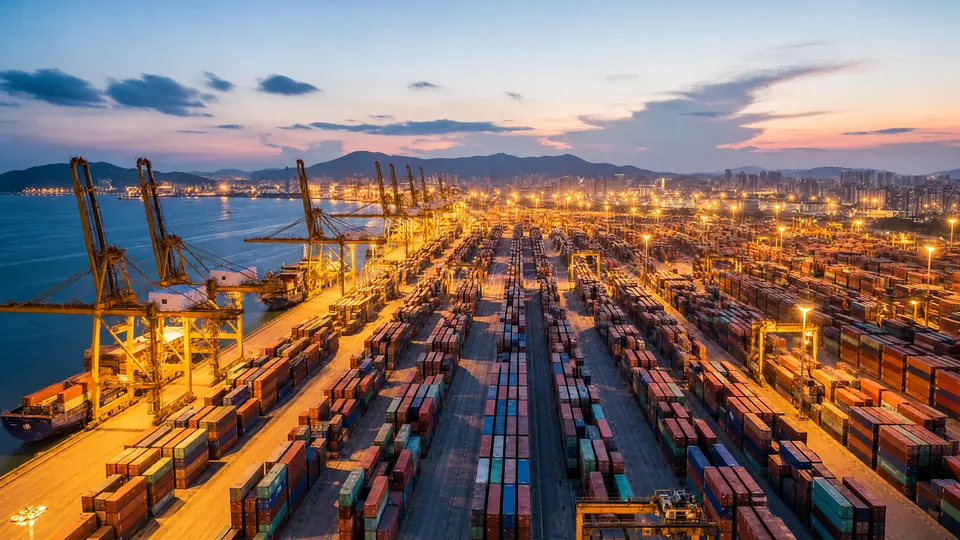Container terminal with cranes at dusk